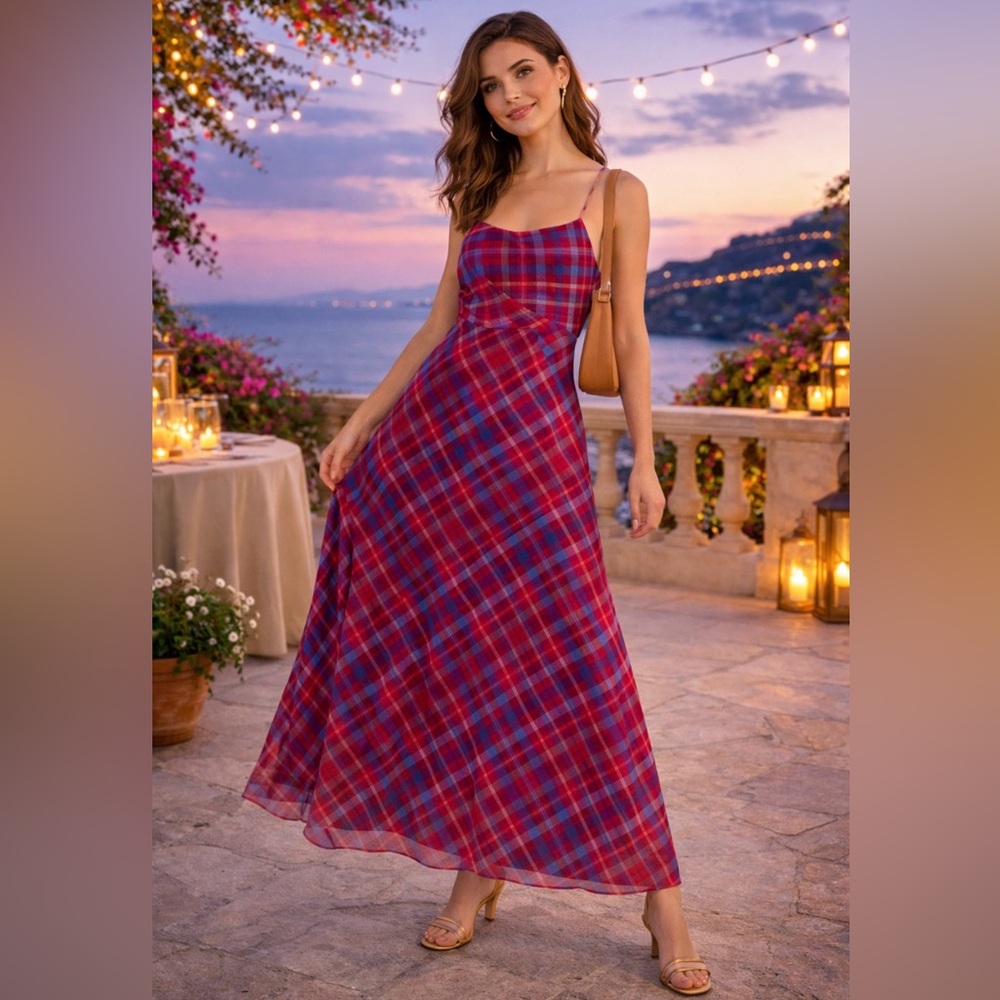 NWT MinkPink Cosmic Bias Maxi Dress Reds/Blues Tartan Print Ruching Women’s XSM